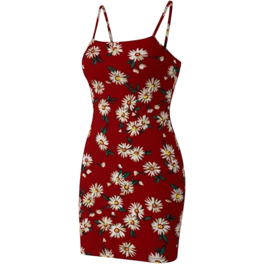 SHEIN Mini Dress Womens Medium Red Floral Spaghetti Straps Bodycon Knee Length